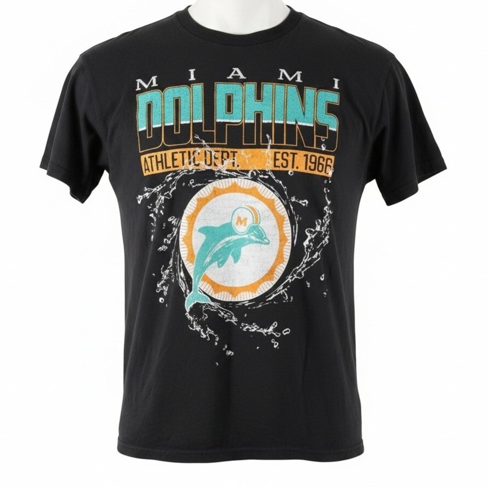 NFL Team Apparel Miami Dolphins Mens Medium Black Cotton Graphic T-Shirt 1966